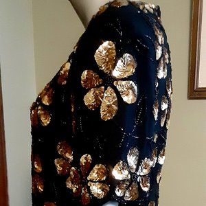 VTG Stenay Black and Gold sequin Detail Short Sleeved Blouse 80's